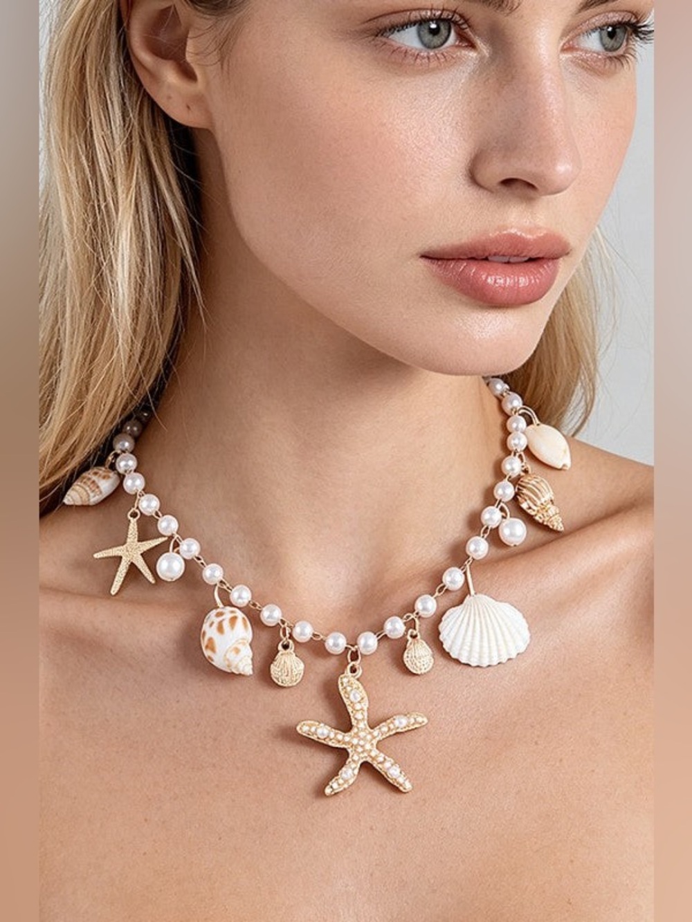 #35 Seashell Charm Beaded Statement Necklace